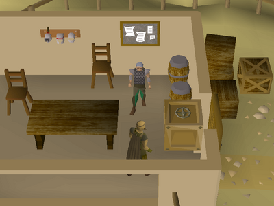Bow in the ticket office of the Duel Arena. Equip an iron chain body, leather chaps and coif..webp